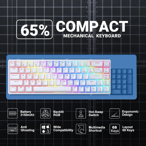 RK Royal Kludge RK68 (RK837) 65% Triple Mode Mechanical Gaming Keyboard – RGB – White