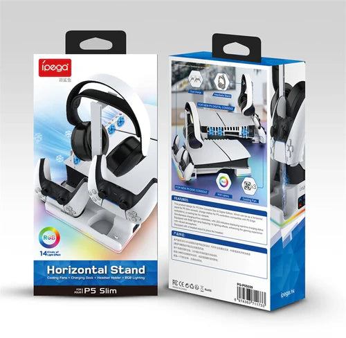IPEGA RGB Horizontal Cooling Stand with Charging Station & Headset Holder for PS5 Slim & Pro