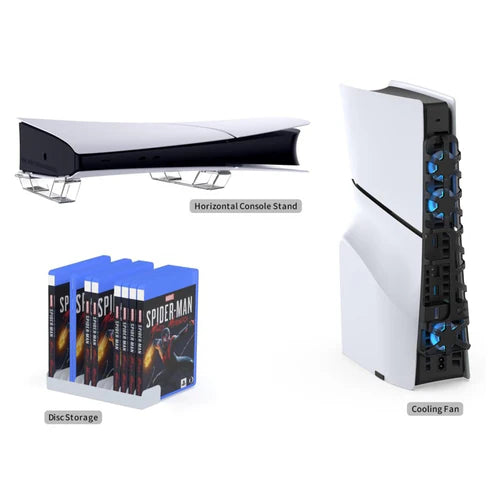 DOBE 3-in-1 Kit for PS5 Slim – Horizontal Stand, Intelligent Cooling Fan & Game CD Case Organizer – TP5-35129